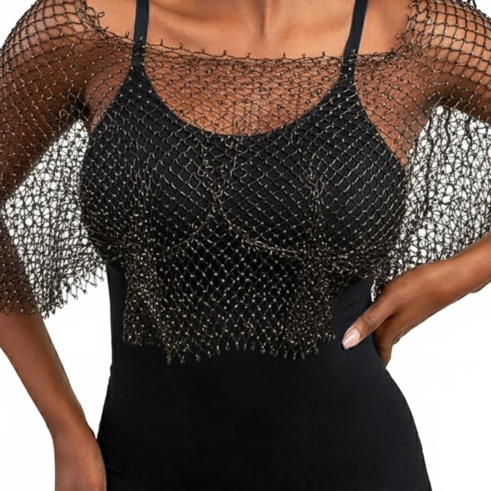 Chic Black Top with Metallic Mesh Overlay